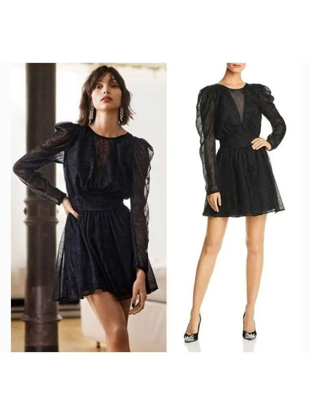 New LINI Gemma Velvet Polka Dot Long Sheer Sleeves Mini Cocktail Dress S